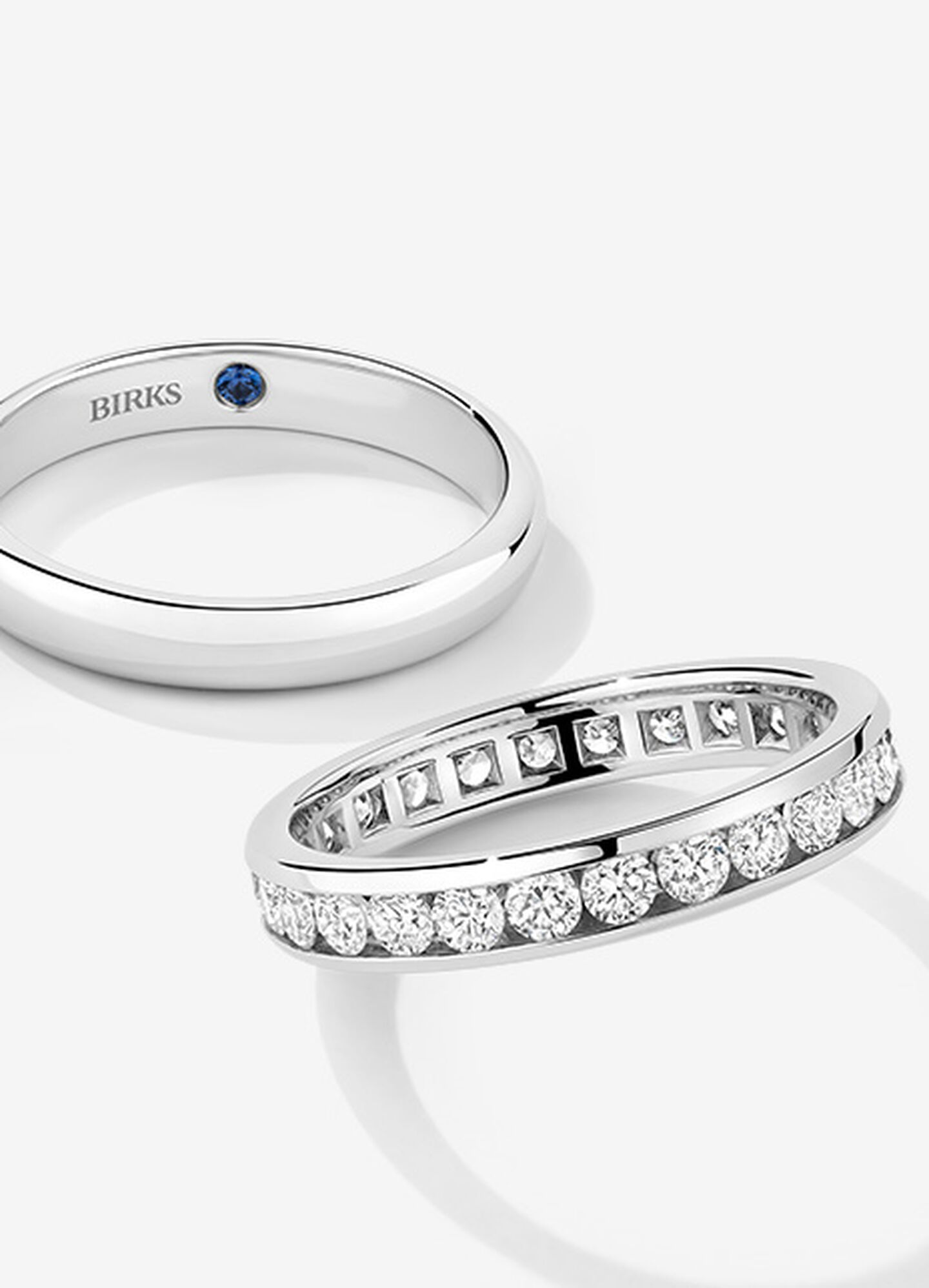 Birks women's wedding bands on a white background.